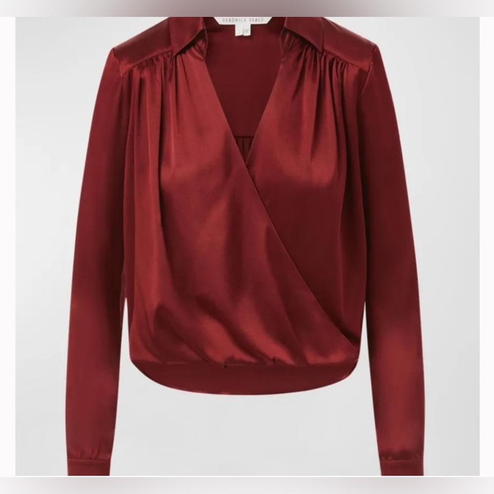 Veronica Beard Stretch Silk Rozik Satin Surplice Blouse - Size 6, Burgundy Red